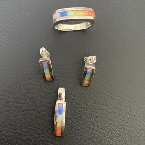Sterling Silver Rainbow Mother-of-Pearl Inlay Earrings, Pendant, and Ring